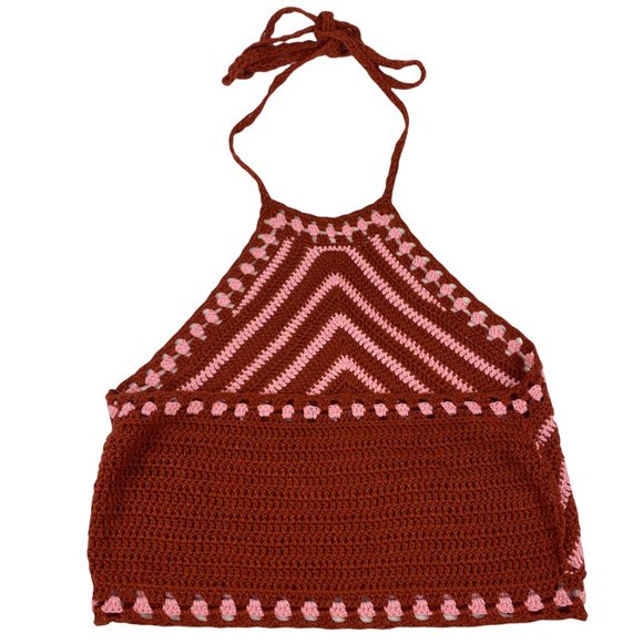 Vintage Pink Red Chevron Knit Crochet Tie Back Halter Crop Top S/M - Picture 3 of 3